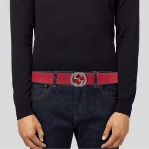 Gucci Red Leather Belt- Interlocking Silver GG
